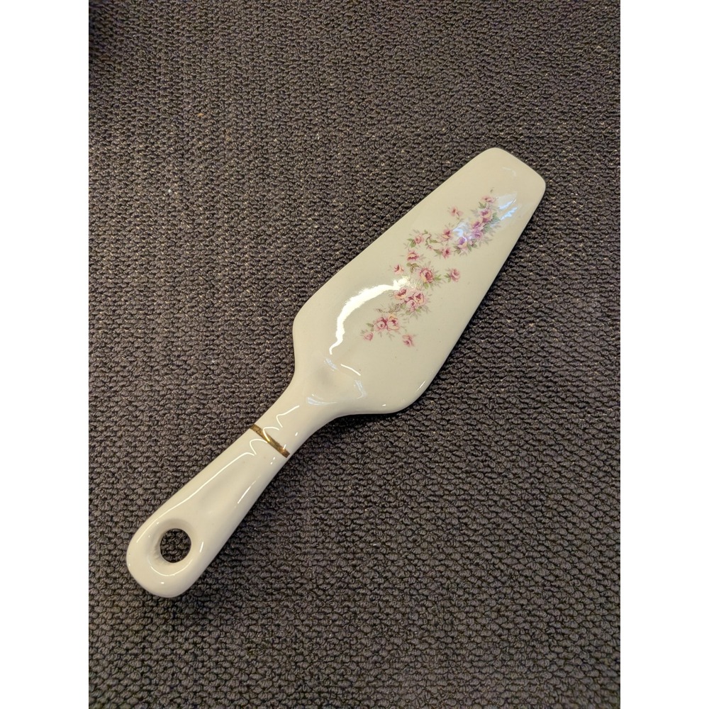 Vintage Ceramic Pie Server Pink Floral Rose Gold Trim Dessert